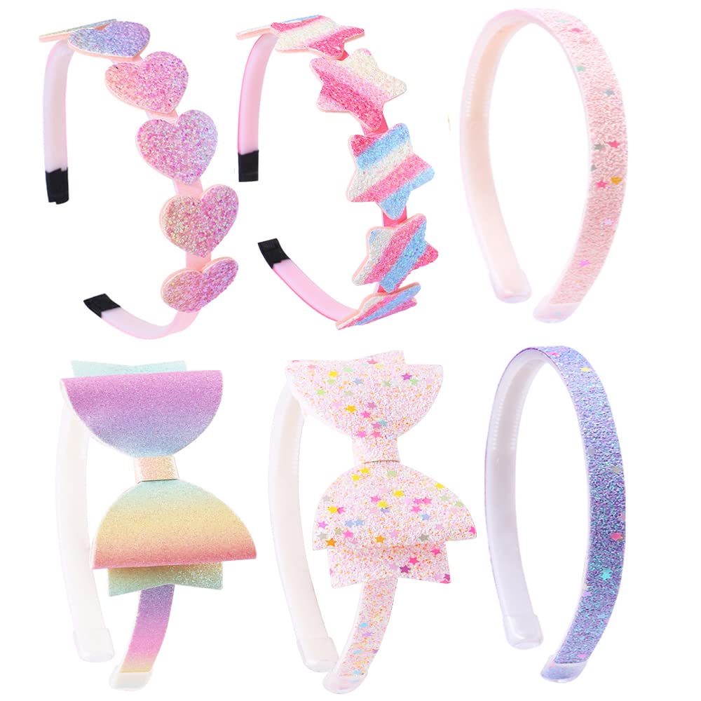 Girls Glitter Headbands - 6 Pack Bow/Heart/Star Shaped Hair Accessories | Toddler to Teens