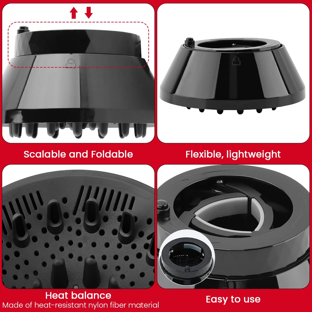 Hair Dryer Diffuser Attachment for Curly & Wavy Hair - Adjustable 1.4 to 3.2 Inch | Black