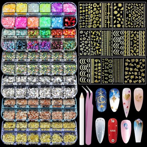 Nail Art Glitter Studs Kit with 15 Gold Stickers & 3D Charms