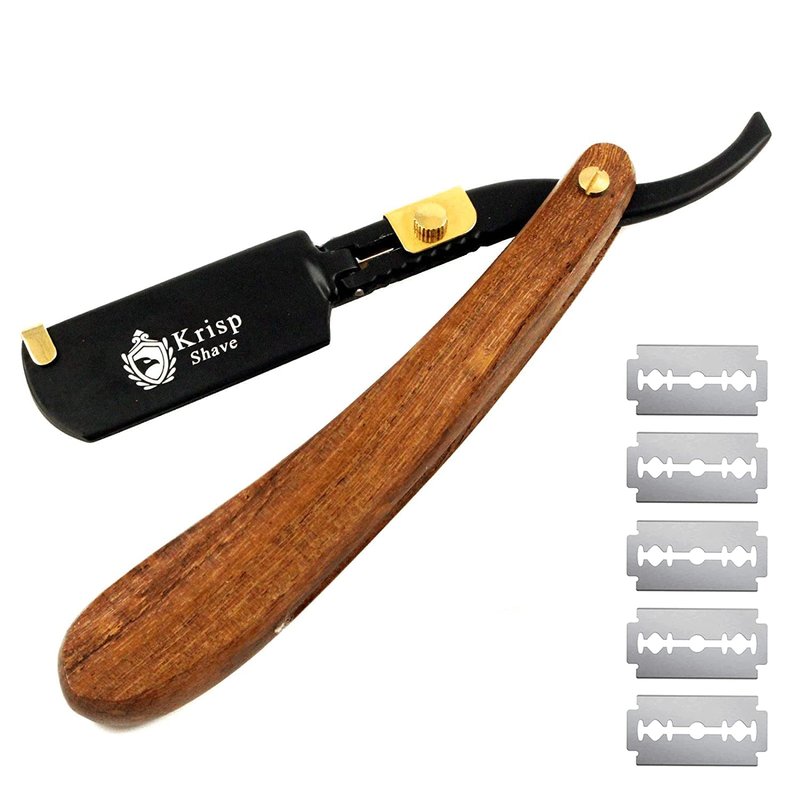 Professional Classic Straight Edge Barber Razor For Close Shaving - Salon Quality Men's Beard Cut Throat Shavette Manual Razor (Wooden Handle) With 5 Shaving Blades By Krisp Shave