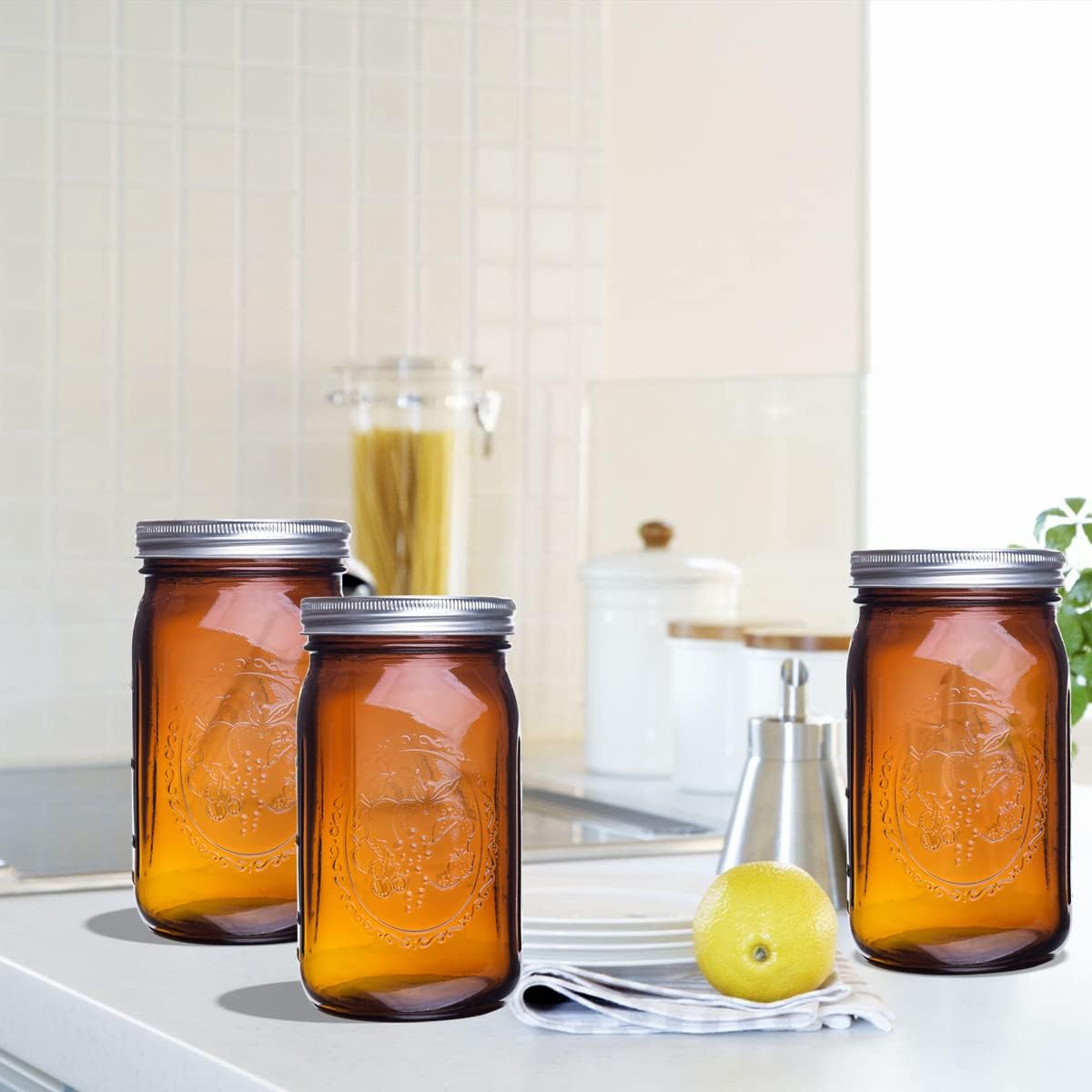 Amber Glass Mason Jars - 32 oz Wide Mouth Canning Jars with Airtight Lids | 6 Pack for Pickling & Fermenting