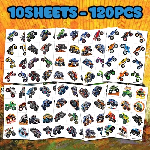 120 PCS Monster Truck Race Car Pre-Cut Temporary Tattoos for Kids | Super Cute Themed Birthday Party Favors, Supplies, Decorations, Fake Tattoo Stickers, Rewards & Gifts for Boys Girls
