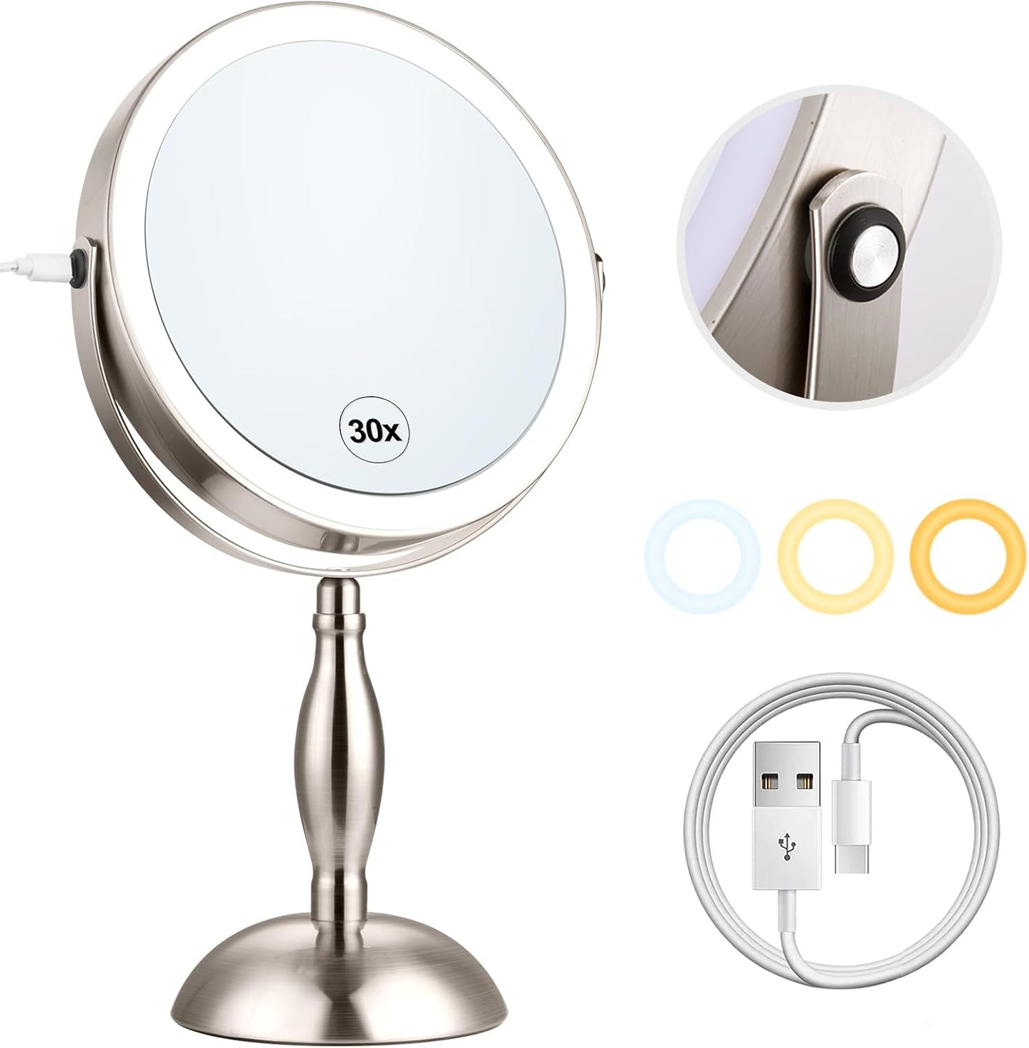 Lighted 30x Magnifying Makeup Mirror - Adjustable Brightness, 3 Color Modes | 5000mAh Rechargeable, 360° Rotation