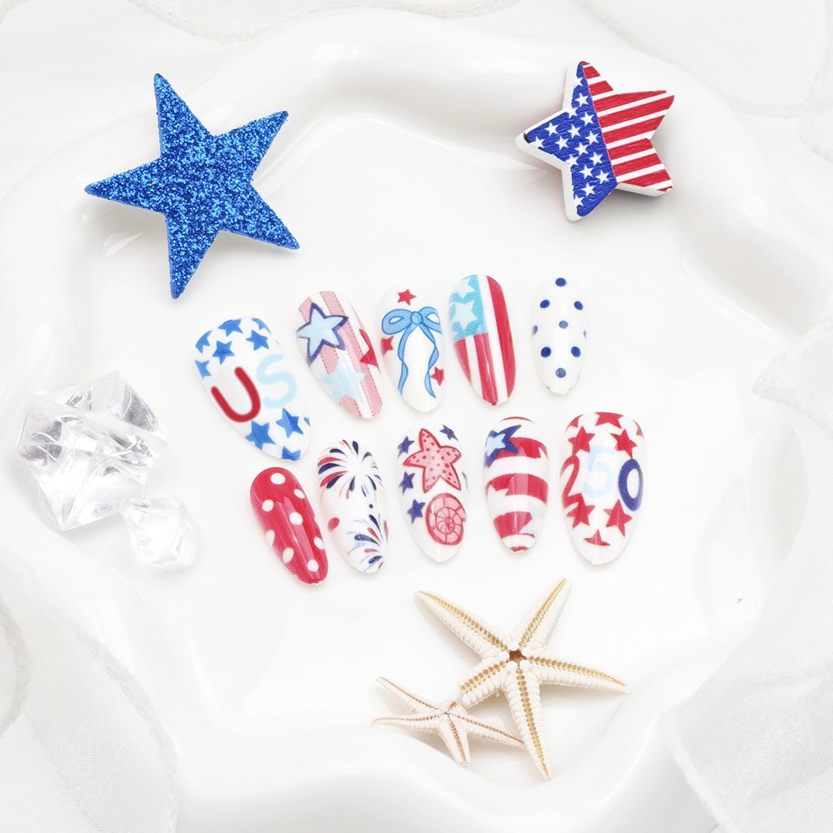 24Pcs 4th of July Press-On Nails - Short Almond American Flag Designs | Patriotic Summer Manicure