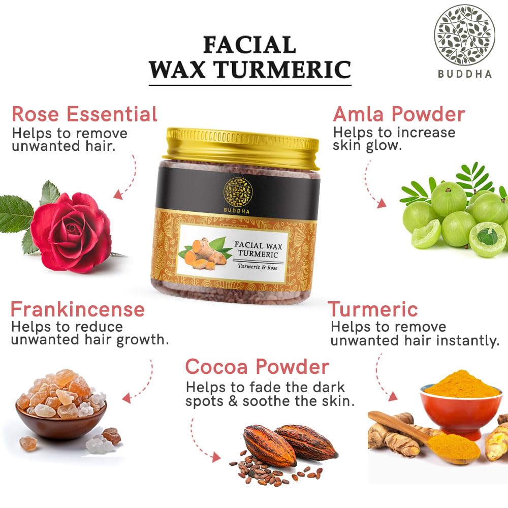 Buddha Natural Facial Wax Powder with Turmeric (50 Gram, 1.7 oz) - Painless Natural Face Hair Removal Waxing Powder, Instant Quick Solution