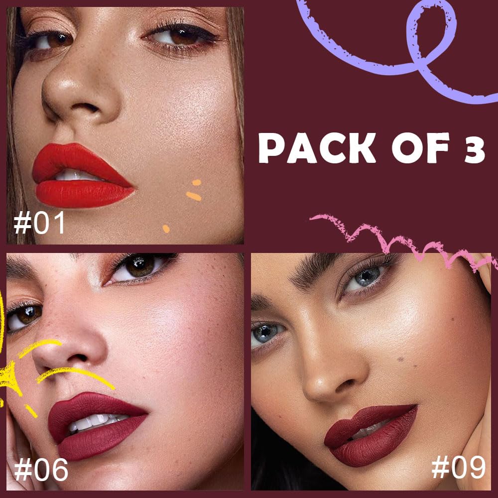 HHLTOH 3Pcs 2-in-1 Lip Liner and Lipstick Set for Women, Wine Red Matte Shimmer Lip Kit, Long-Lasting Waterproof Non-Drying Lipstick for Mature Skin, Vegan & Cruelty-Free