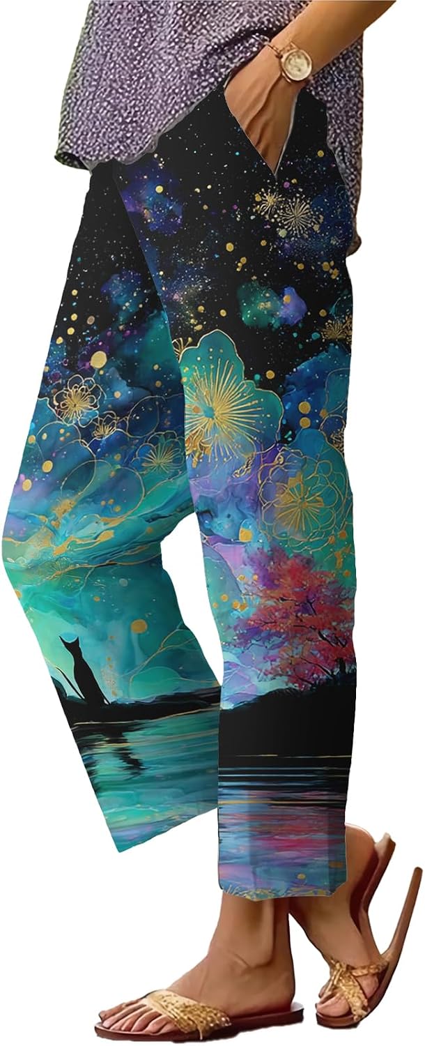 Womens Plus Size Floral Boho Capris - Elastic Waist Beach Trousers | Casual Summer Pants
