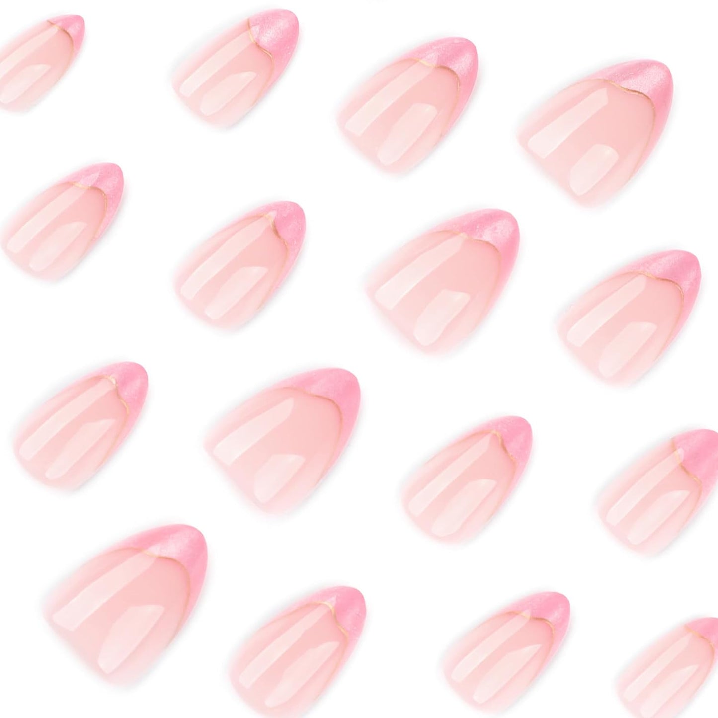 Cat Eye French Tip Press-On Nails - Nude & Pink Short Almond | Reusable Glue-On Nails with Gold Line for Weddings & Parties