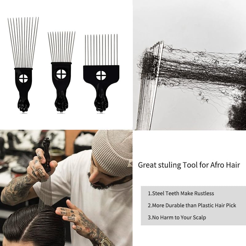 3 Pack Afro Pick Combs for Curly Hair - Black Metal & Plastic Detangling Styling Tools