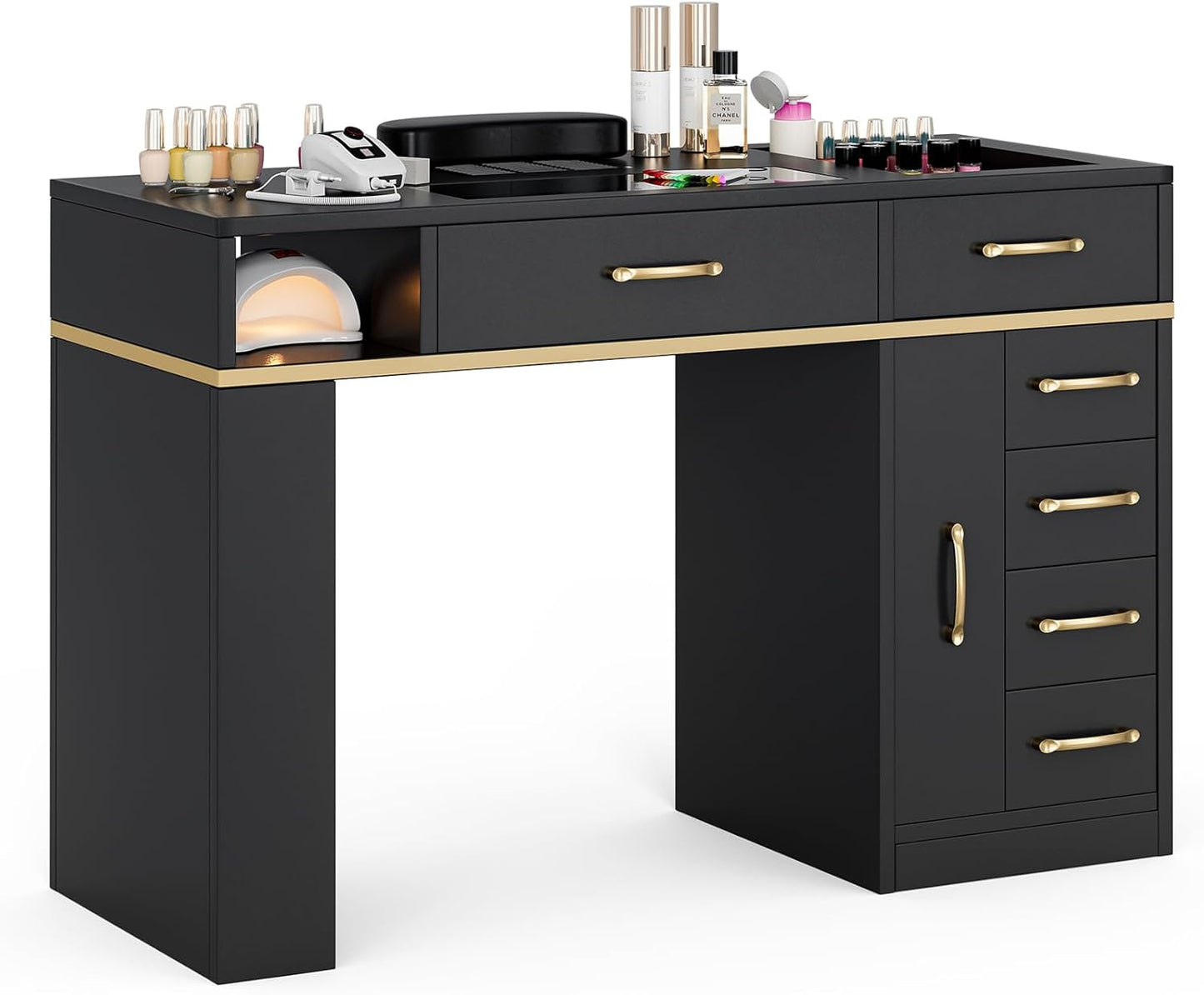 Manicure Table Nail Station - Glass Top Nail Table with Electric Dust Collector, 7 Drawers & Shelves | Black Vision