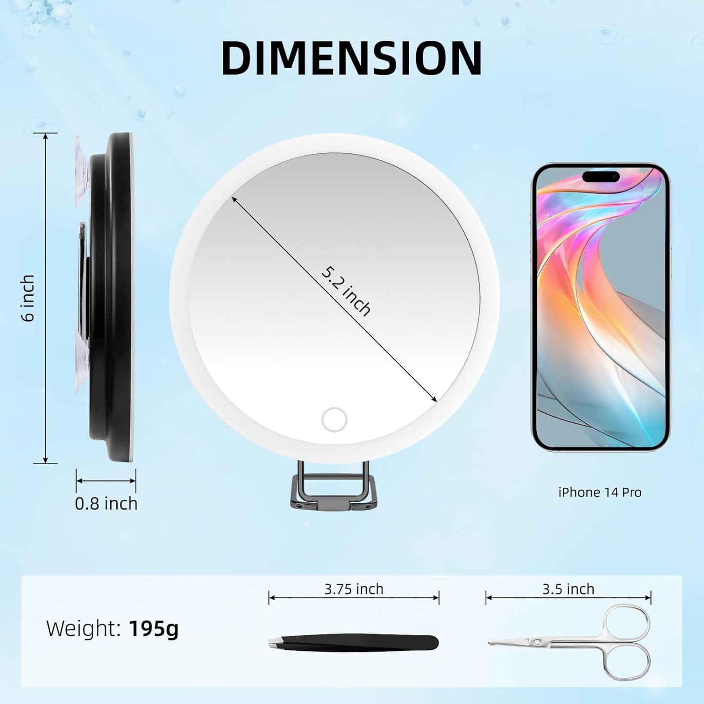 Travel Makeup Mirror - 40X Magnification with Suction Cups & Stand | 3 Color Dimmable LED Lights, Rechargeable 1200mAh