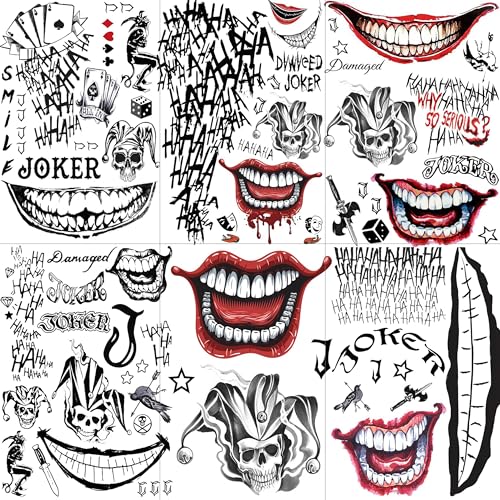 FANRUI Jok Halloween Face Tattoos 6 Sheets Temporary Body Art for Adults & Kids