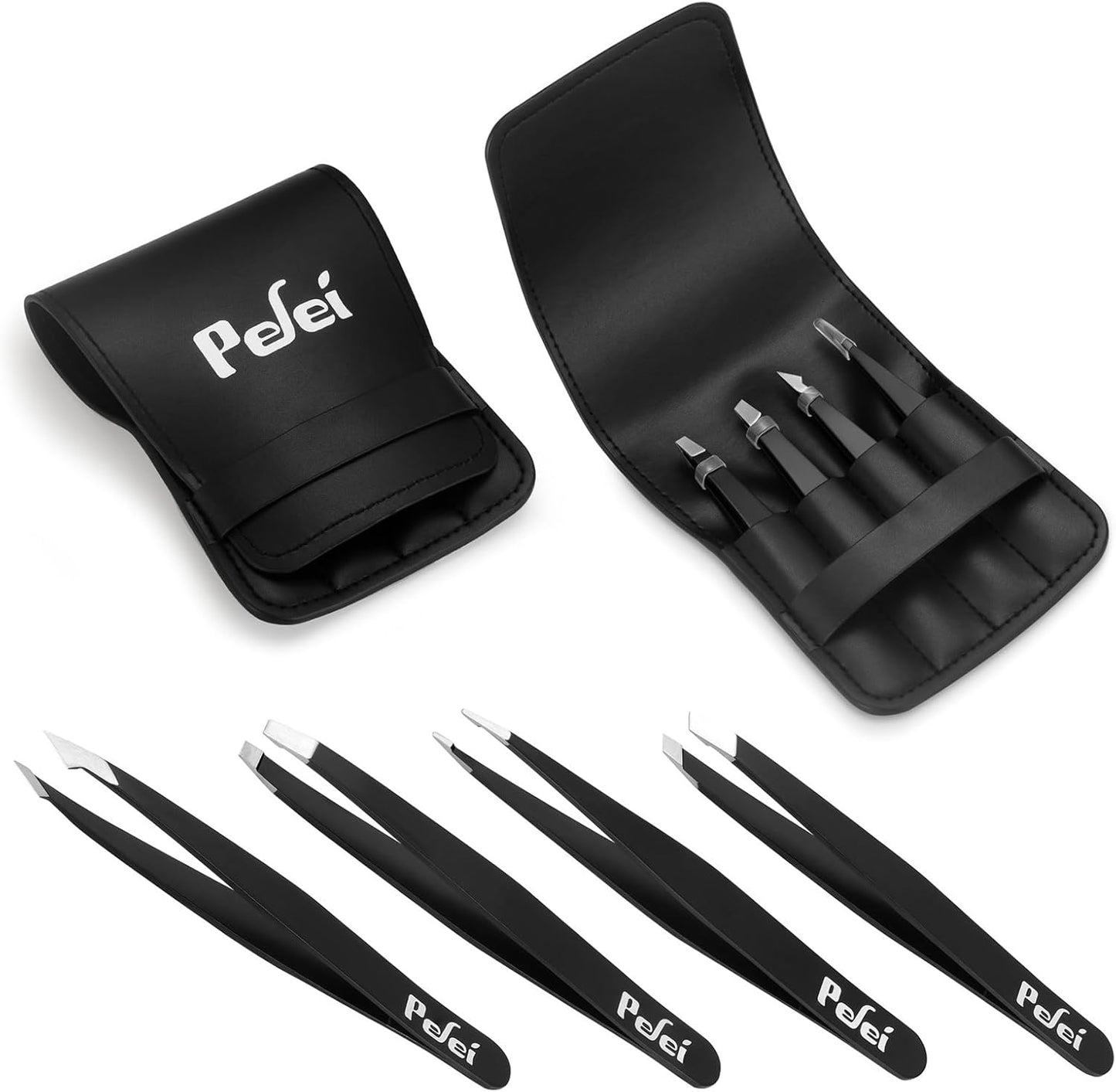 Professional Stainless Steel Tweezers Set - Precision Eyebrow & Facial Hair Removal | Black