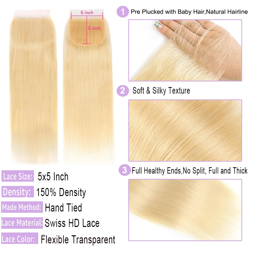 Mstoxic 613 Closure Straight Blonde 5x5 HD Lace Closure Human Hair Extensions 12A Brazilian Virgin Remy Free Part 100% Blonde Human Hair Pre Plucked With Baby Hair 16 Inch