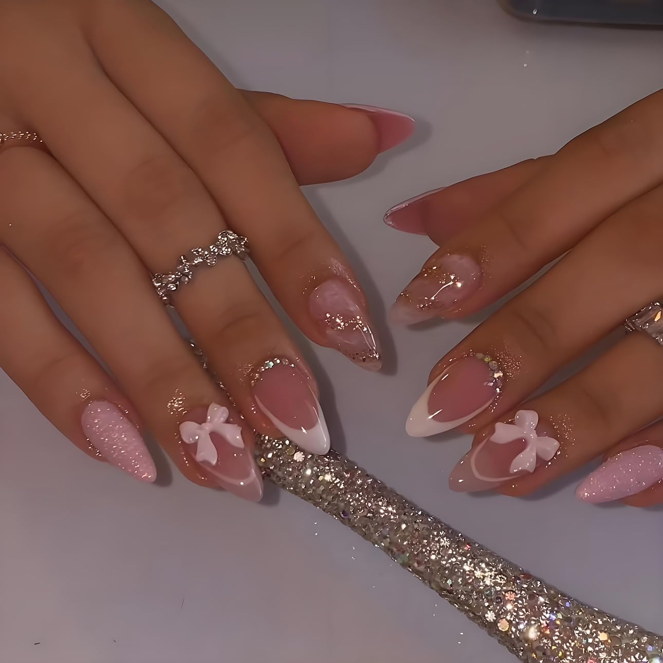 Red French Tip Press-On Nails - Almond Shape with 3D Crystal Designs | 24 Pcs Reusable Nail Kit for Manicure