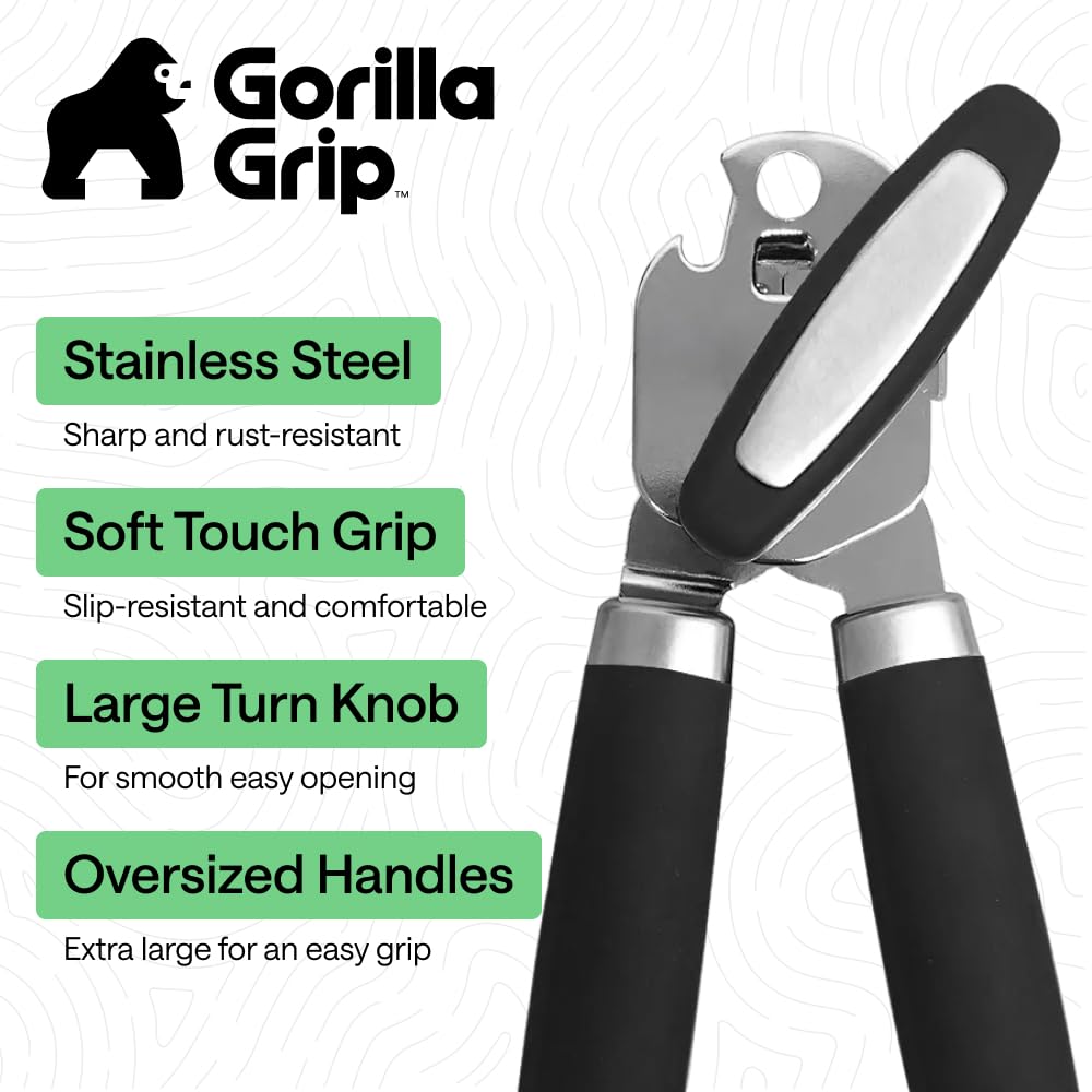 GORILLA GRIP Heavy Duty Stainless Steel Smooth Edge Manual Can Opener and Bottle Openers, US Designed, Comfortable Handle, Oversized Handheld Turn Knob, Multifunctional Kitchen Tool, Black