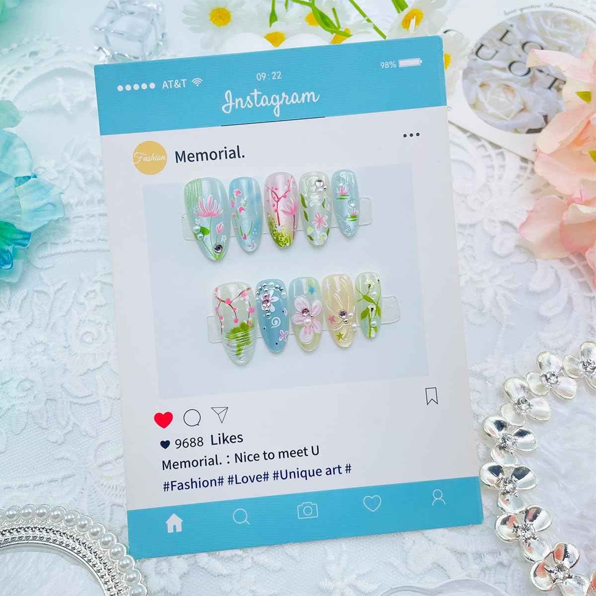 Medium Almond Press-On Nails - Floral 3D Design with Pearl Rhinestones | Blue & Pink Glossy Reusable 30 Pcs