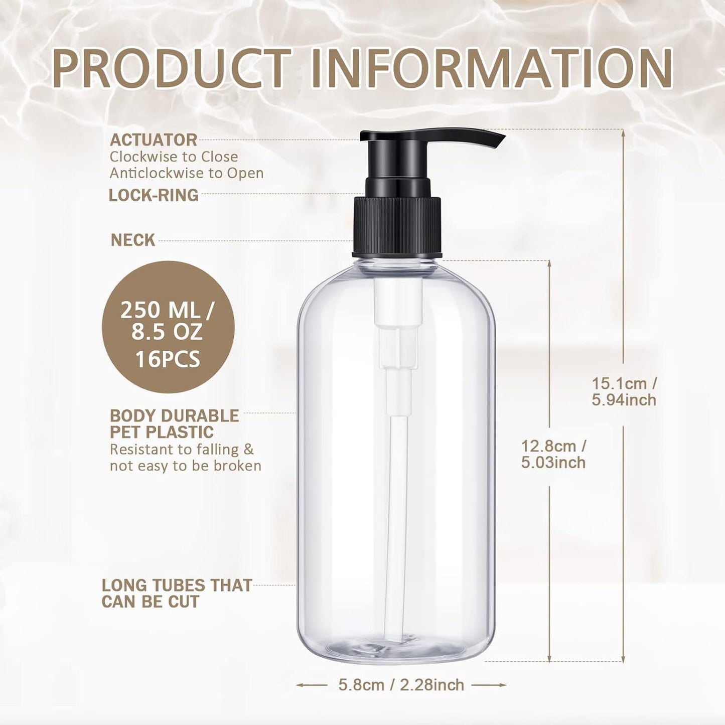 Refillable Shampoo Dispenser - 16 Pcs Plastic Pump Bottles for Shower & Kitchen | 250 ML/8.5 OZ