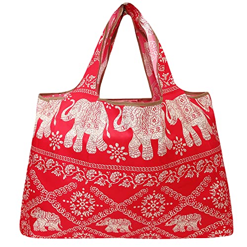 Large Foldable Tote Bag - Reusable Nylon Grocery Bag with Regal Elephants