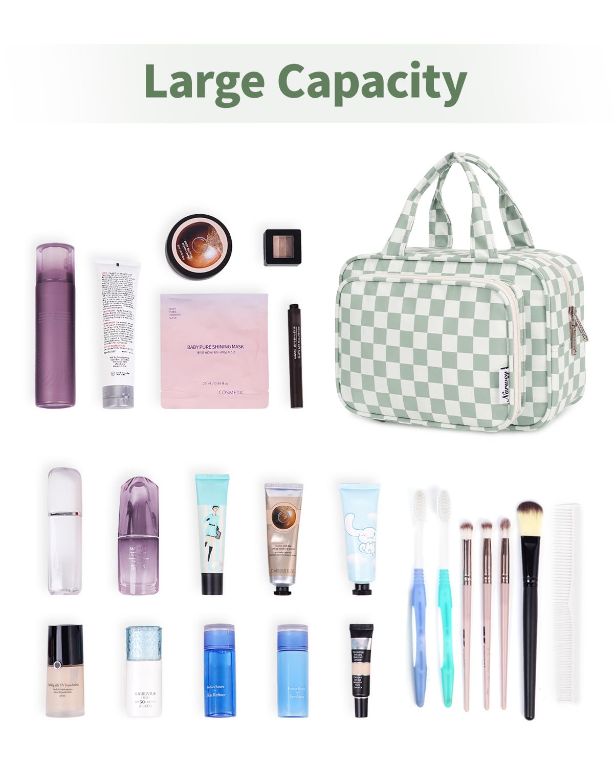 Narwey Large Travel Toiletry Bag for Traveling Women, Cosmetic Makeup Bag Make Up Organizer, Checkered Travel Bag for Toiletries with Handle (Mint Green Checkerboard)