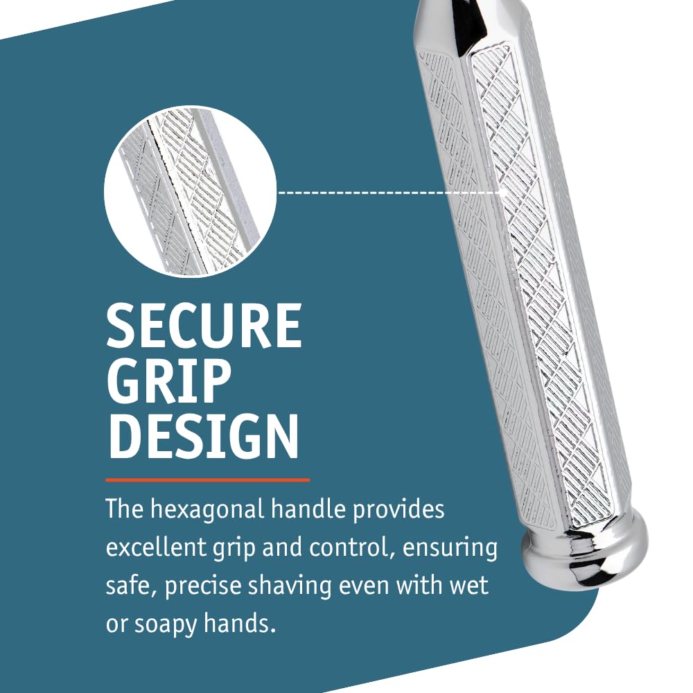 MERKUR 42C Double Edge Safety Razor, Hexagonal Handle, Three-Piece Design, Closed Comb Straight Bar, Bright Chrome Finish, Made in Germany