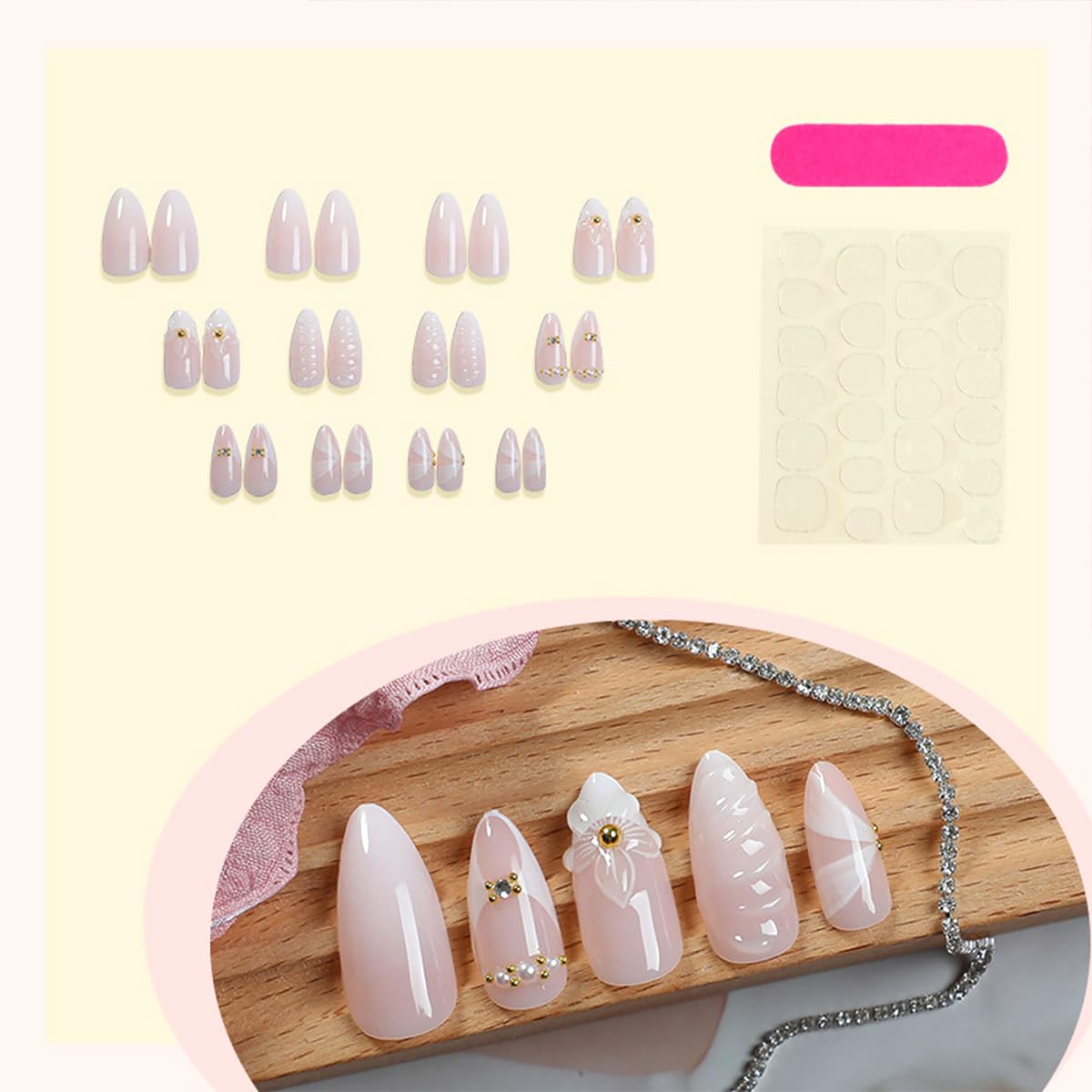 24Pcs White French Tip Press on Nails Medium Almond Fake Nails 3D Flower with Gold Rhinestones Design Ripple Pearl False Nails Nude Full Cover Artificial Glue on Nails Ribbon Stick on Nail for Women