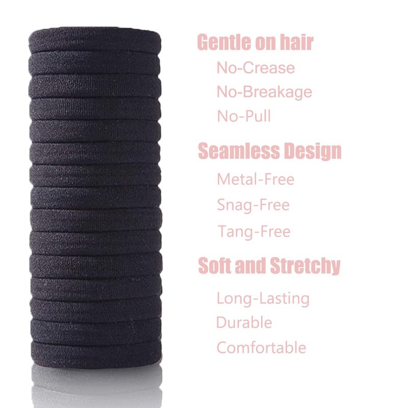 Black Hair Ties - 15pcs No Damage Strong Stretchable Bands for Curly & Long Hair | Snag-Free Ponytail Holders