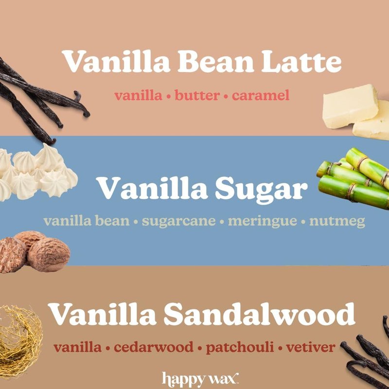 Happy Wax Vanilla Lovers Scented Natural Soy Wax Melts – 6 Oz Total - Includes: Vanilla Bean Latte, Vanilla Sugar and Vanilla Sandalwood