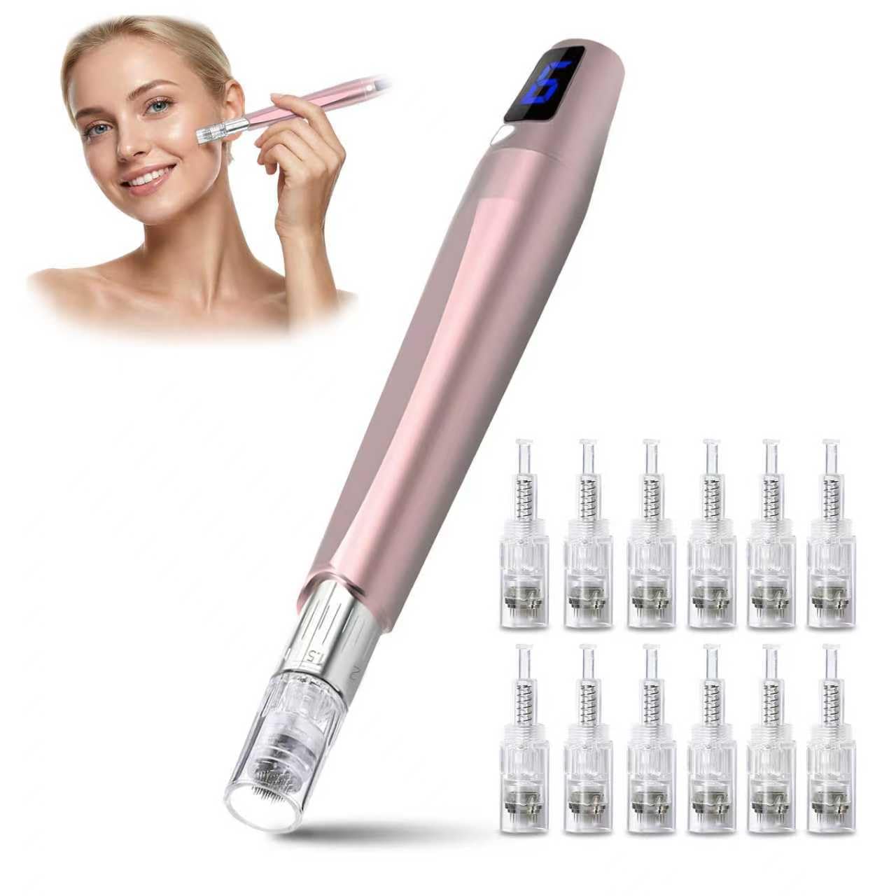 Microneedling Pen - 0.25mm Derma Roller for Face & Scalp | 12 Cartridges Included, Home Use Skin Care Kit