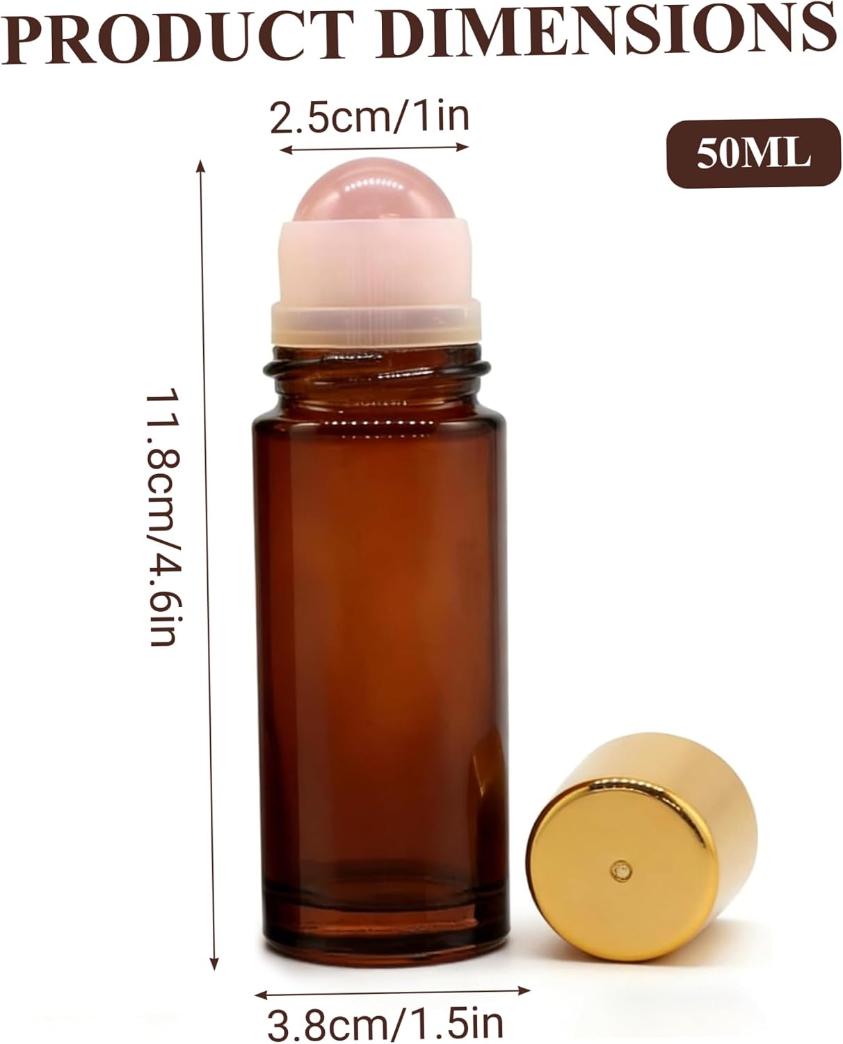 Rose Quartz Roller Bottle - 2PCS Refillable Glass Roll-On for Essential Oils | 50ml Brown Glass with Metal Cap