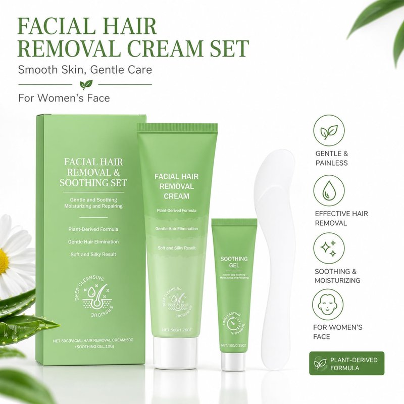 Facial Hair Removal Cream for Women - (Contains Soothing Gel) Kit Gentle & Painless Hair Remover for Upper Lip Chin & Sideburns, 5-8Minute Quick Depilatory Cream for Sensitive Skin Effective at-Home