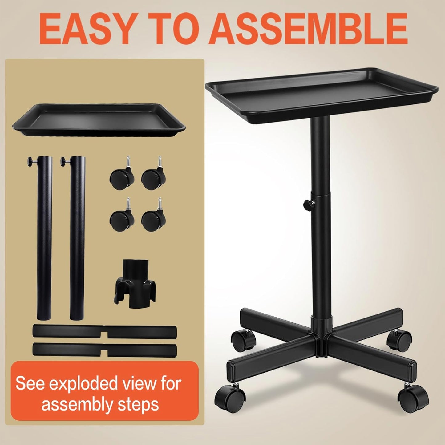 Height Adjustable Rolling Beauty Trolley Cart - Professional Salon Tray on Wheels | Black