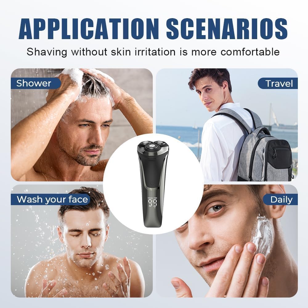 Electric Razor for Men - 4D Floating Head Rotary Shaver | IPX7 Waterproof, Fast Charging, LCD Display (Blue)