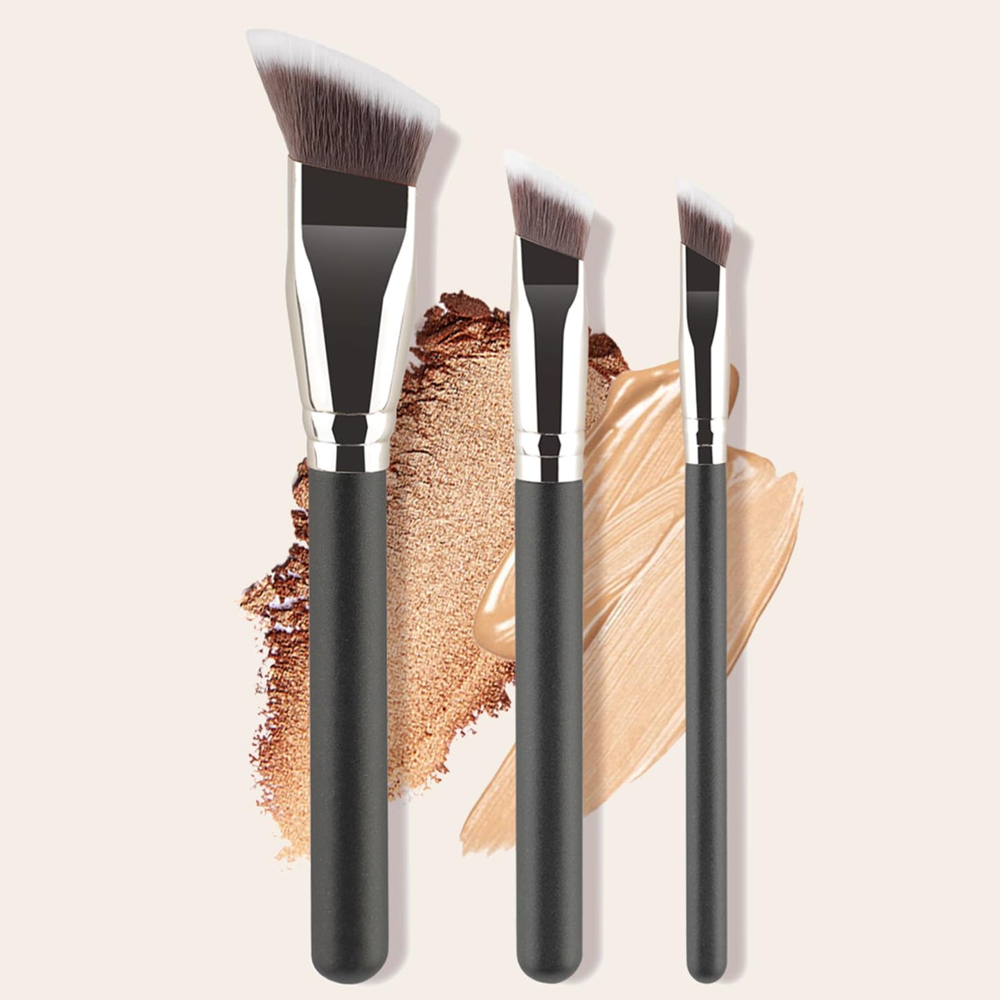 KINGMAS Makeup Brush Set, 3 Piece Angled Foundation Brushes, Synthetic Bristles with Black Handle for Concealer, Contour, Bronzer, Powder, Liquid, Cream Blending