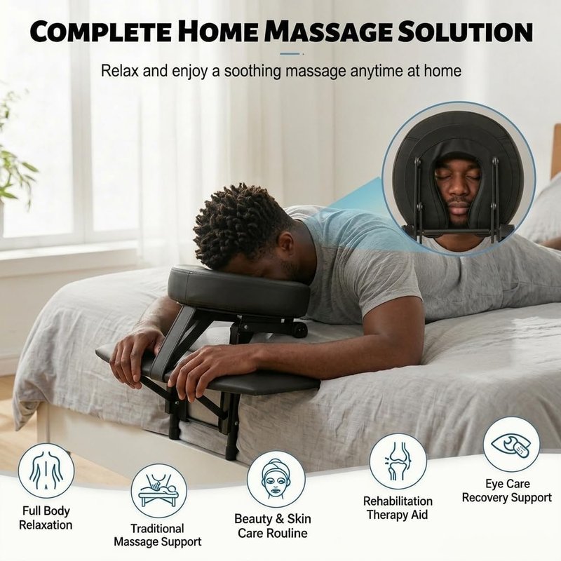 Adjustable Massage Headrest - Portable Face Cradle Pillow with Armrest | Fits 6"-17" Mattresses, Memory Foam - Black