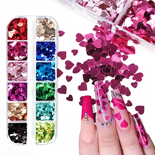 Valentine's Day Heart Glitter Sequins for Nail Art - 12 Color Holographic Flakes