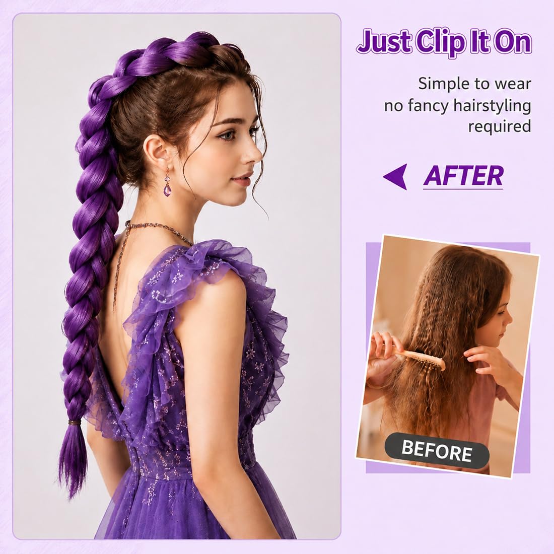 26 inch Purple Braids Ponytail Hair Braids Easy Clip in Ponytail Hairpiece for Cosplay Stage Party Hallowee (purple, 26inch)
