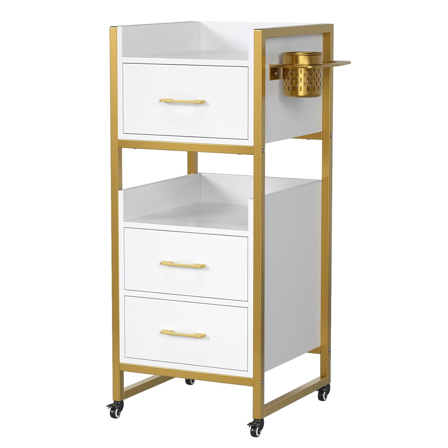 OmySalon Salon Trolley Cart - Mobile Hair Styling Station with 3 Drawers & Tool Holders | White