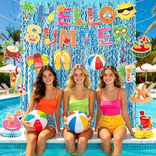Hello Summer Party Decorations Set - Beach Theme Decor with Banners, Swirls & Fringe Curtains