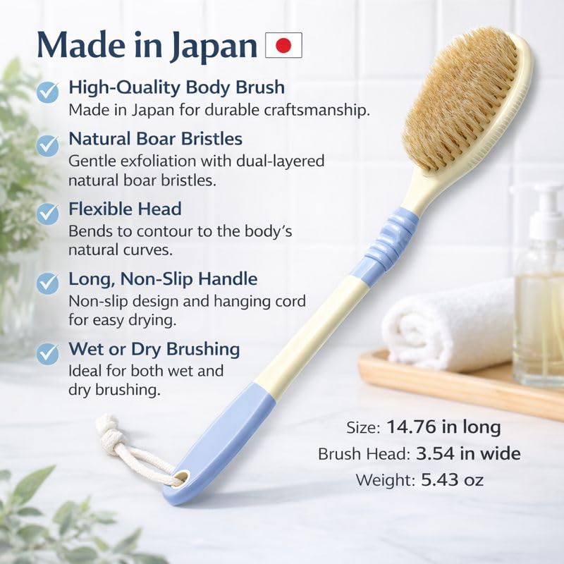 Japanese Back Scrubber with Natural Boar Bristles - Flexible Long Handle Body Brush for Showering