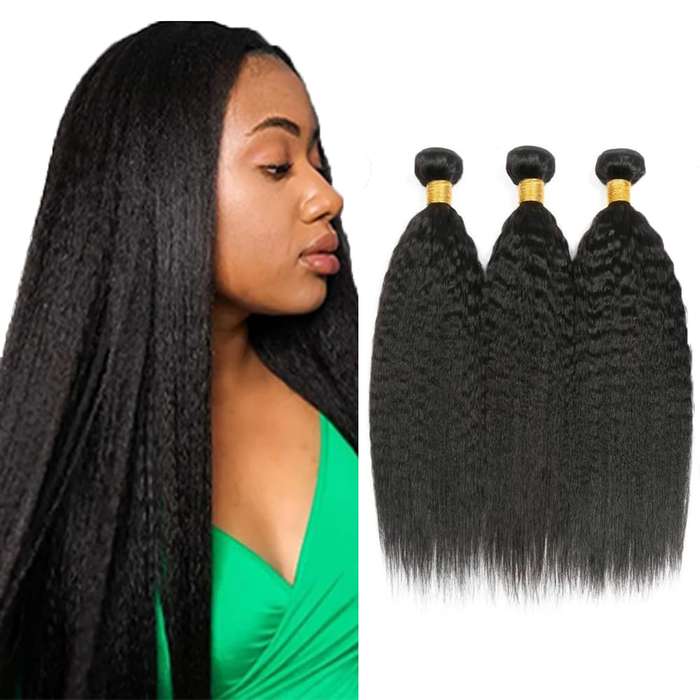 #1B Human Hair Bundles Natural Color Kinky Straight Bundles 20 22 24 Inch Balck Yaki Straight Bundles Unprocessed Brazilian Virgin Hair 3 Bundle 50 Gram Per Bundle Deals Quick Weave Hair Extensions