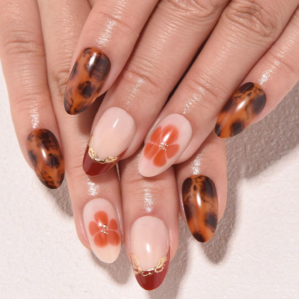Nude Cat Eye Press-On Nails - Short Almond Shape with Gold French Tips | Reusable Soft Gel Set for Women