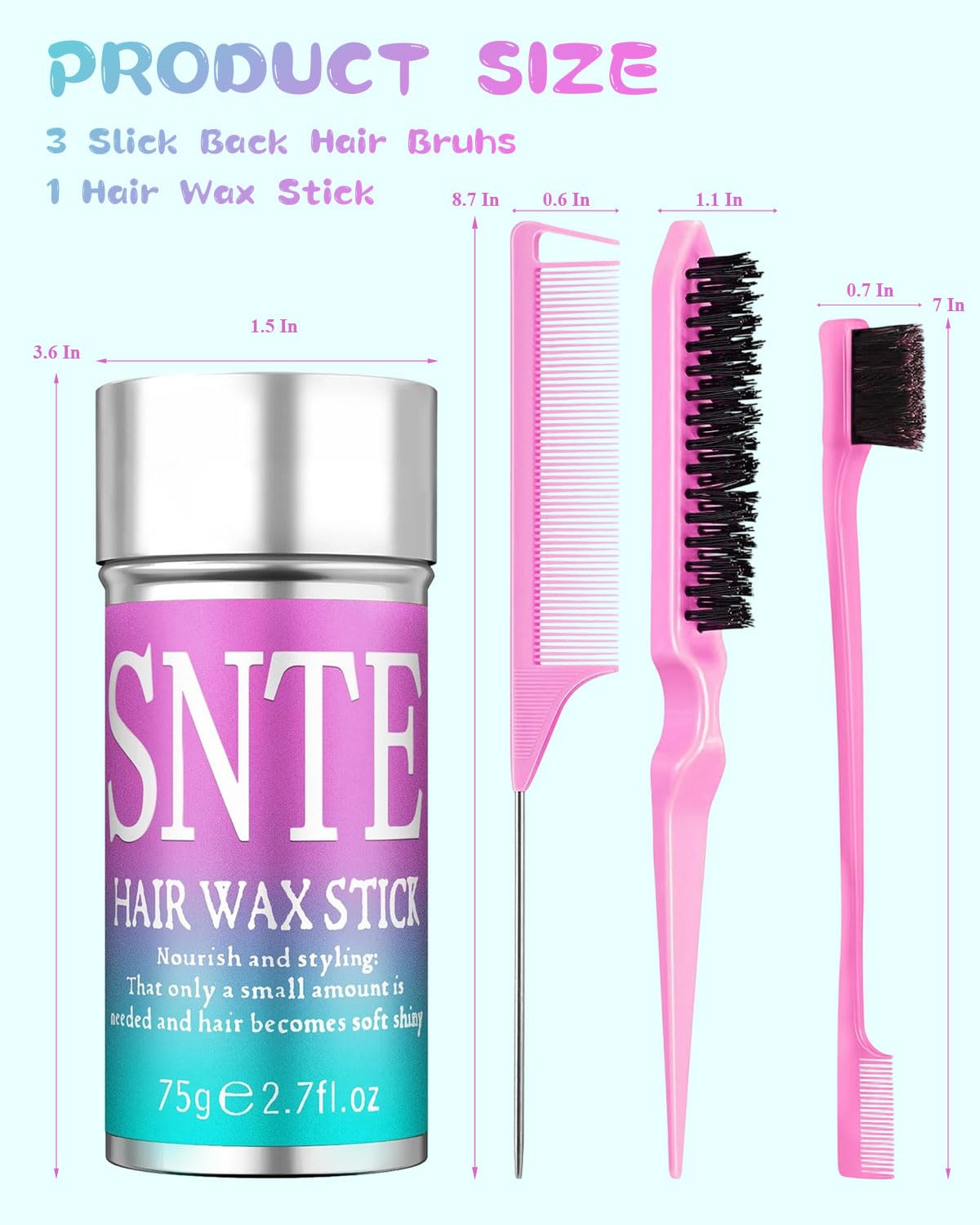 Hair Wax Stick and Slick Back Hair Brush Set to Tame Frizz, Flyaways, Sleek Ponytails, Buns & Braids - 12H Hold, Non-Greasy Hair Styling Kit, Styling Accessories for Teen Girls, Women, Kids, Men