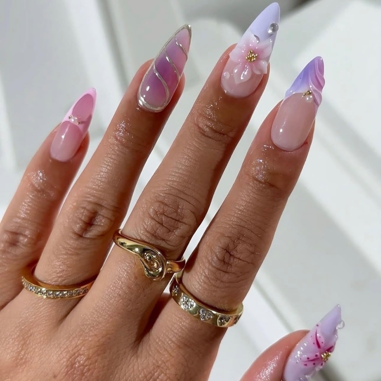 Red French Tip Press-On Nails - Almond Shape with 3D Crystal Designs | 24 Pcs Reusable Nail Kit for Manicure