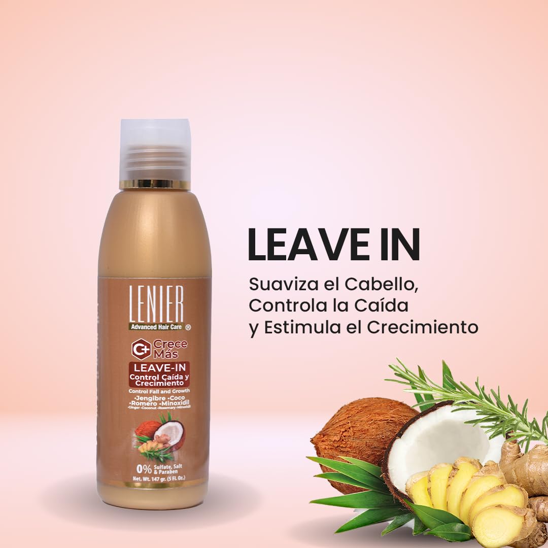 Lenier Crece Más Hair Growth Bundle | 3 Items | Shampoo 17 oz, Hair Mask 16 oz & Leave In Conditioner 10 oz | Ginger, Coconut Oil & Rosemary | Sulfate Free Hair Care System