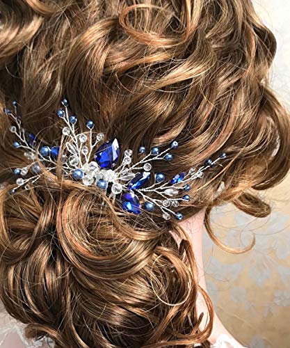 Women Blue Pearl Hair Vine Set with Earrings Bridal Hair Accessory Silver Wedding Headpiece