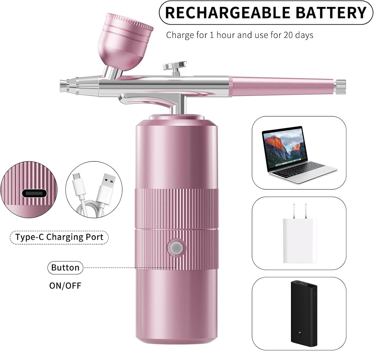 Airbrush Kit - Portable Compressor Set with 0.3mm Nozzle | Cordless Rechargeable for Makeup, Nail Art, Painting (Pink)
