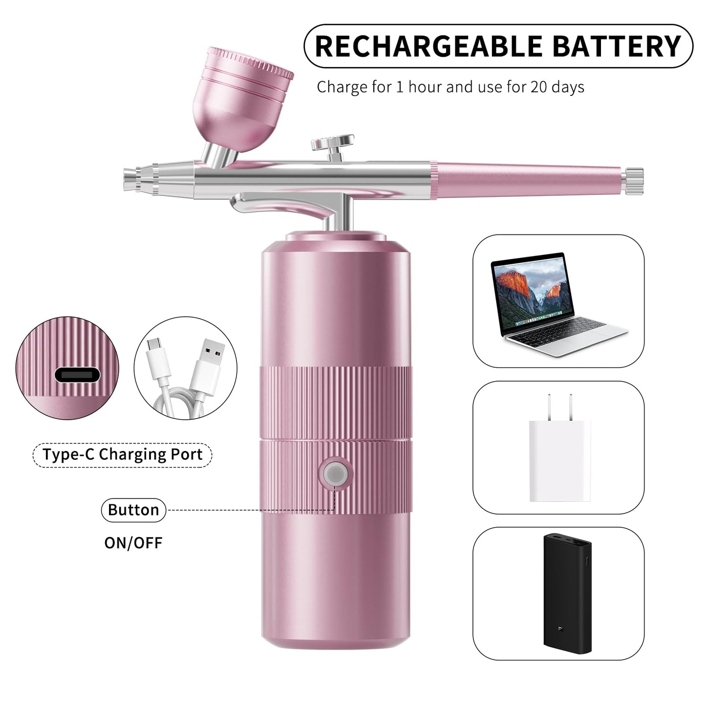 Airbrush Kit with Compressor Portable Airbrush Kit 48PSI High-Pressure Non-Clogging Air Brush Set Cordless Rechargeable with 0.3mm Nozzle and Cleaning Brush for Painting,Nail Art, Makeup (pink)