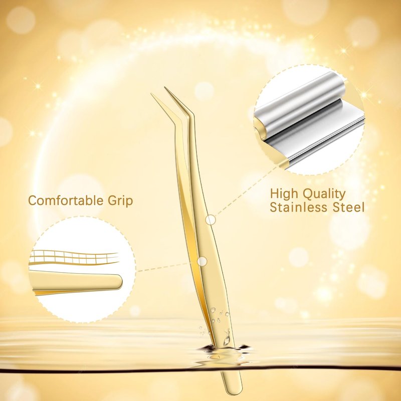 MORGLES Golden Lash Tweezers Set, 5 PCS Professional Eyelash Tweezers for Eyelash Extensions for Beginners & Lash Artists