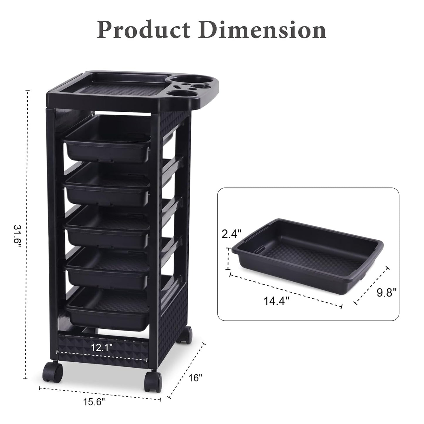 Black Salon Trolley Cart with Wheels - 5 Drawers & Dryer Holder | Hair Stylist Equipment